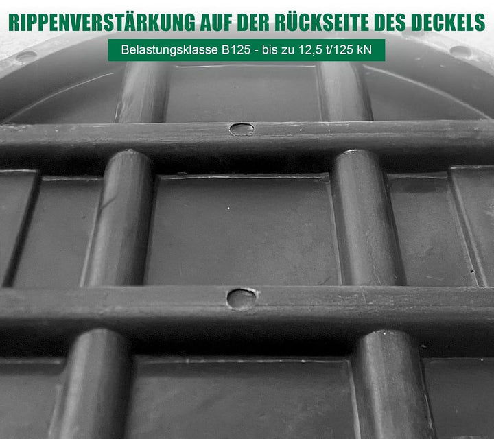 GFK-Schachtabdeckung Rund DN 450 (Lichte Weite 450 mm) – Deckel Ø500 mm, Rahmen Ø570 mm – B125 befah
