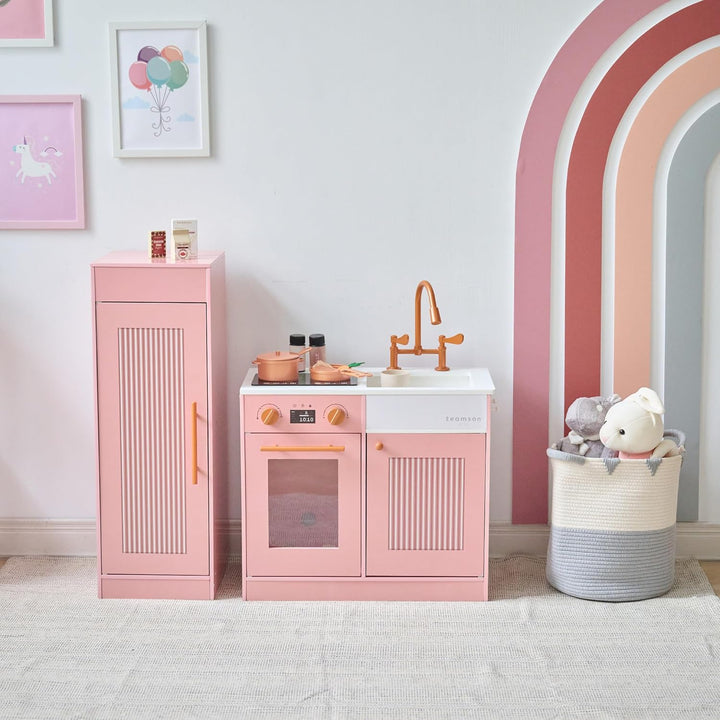 Teamson Kids Little Chef Chester Kinderküche in Pfirsich mit Zubehör, Spielküche aus Holz für Rollen