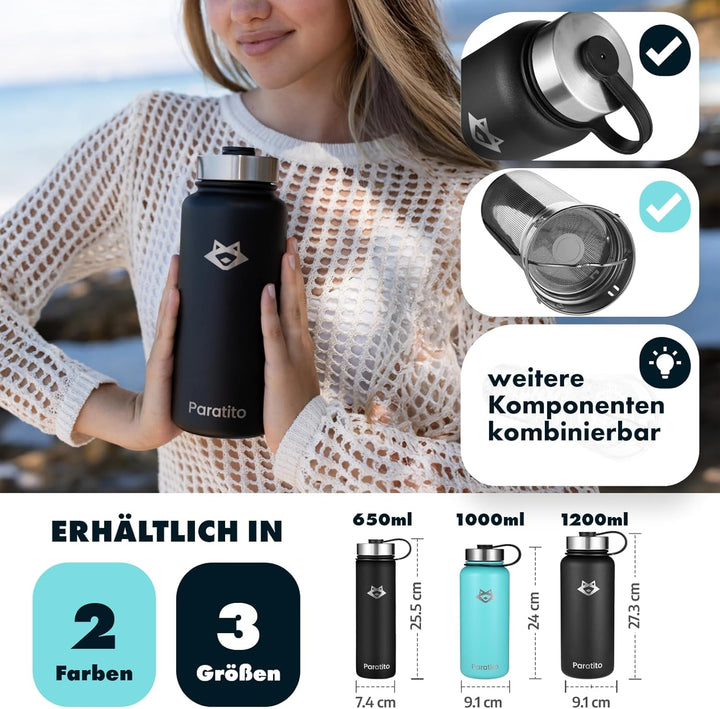 Teeflasche mit Sieb 1L – Auslaufsichere, spülmaschinenfeste Edelstahl Trinkflasche 1l (Isolierflasch