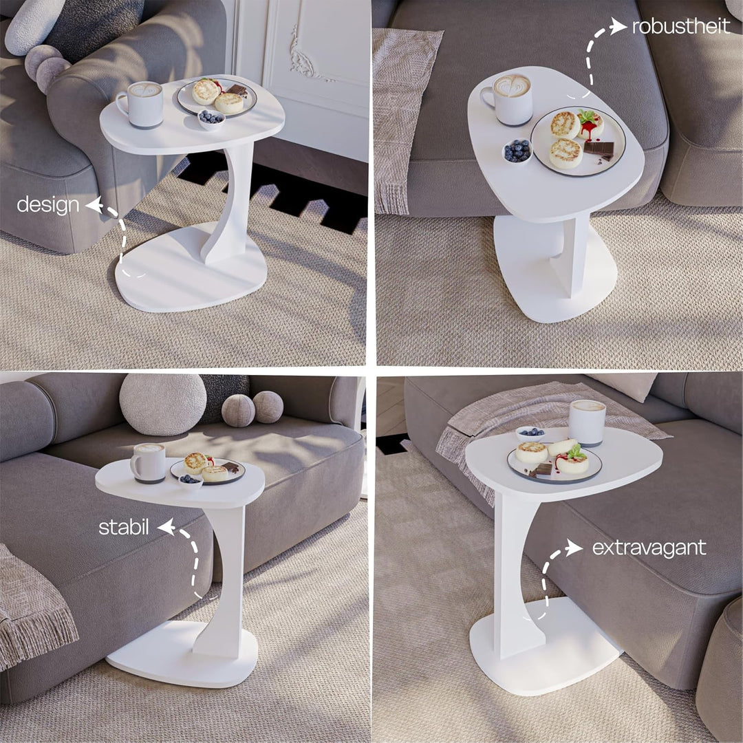 Beistelltisch Couch mit Rollen, Kleiner Beistelltisch C-Form, Sofatisch in stylischem Weiss, Kleiner