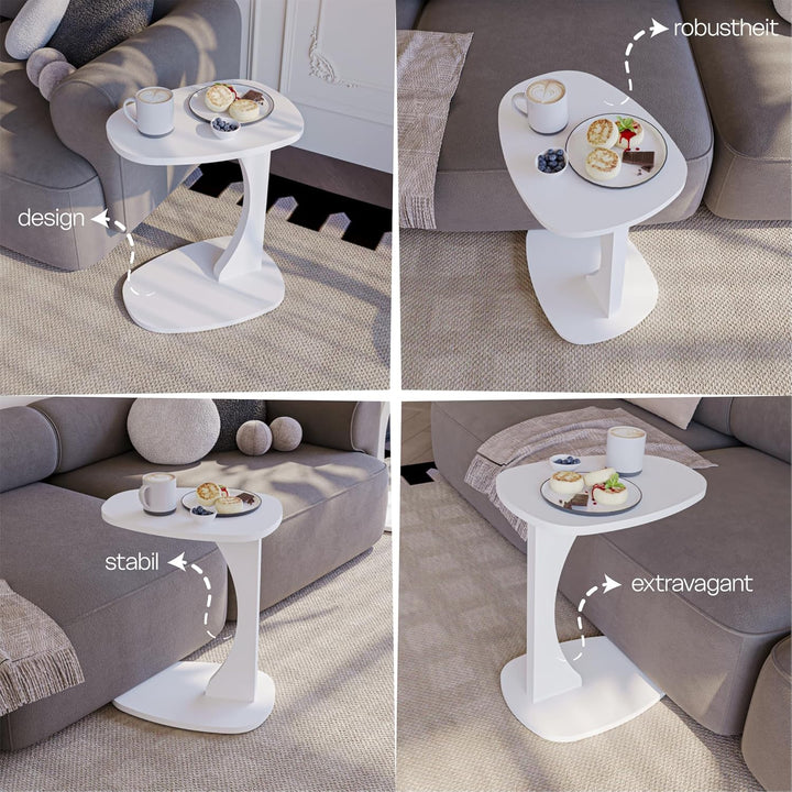 Beistelltisch Couch mit Rollen, Kleiner Beistelltisch C-Form, Sofatisch in stylischem Weiss, Kleiner