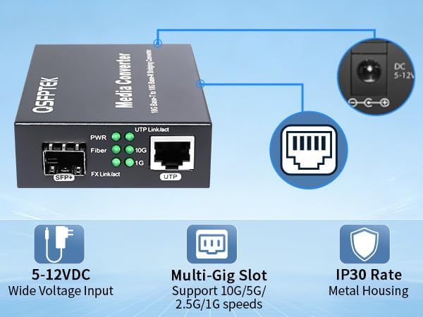 QSFPTEK 10G Media Coverter, 10 Gigabit Fiber to 10G Copper UTP Ethernet Media Converter, Unmanaged 1