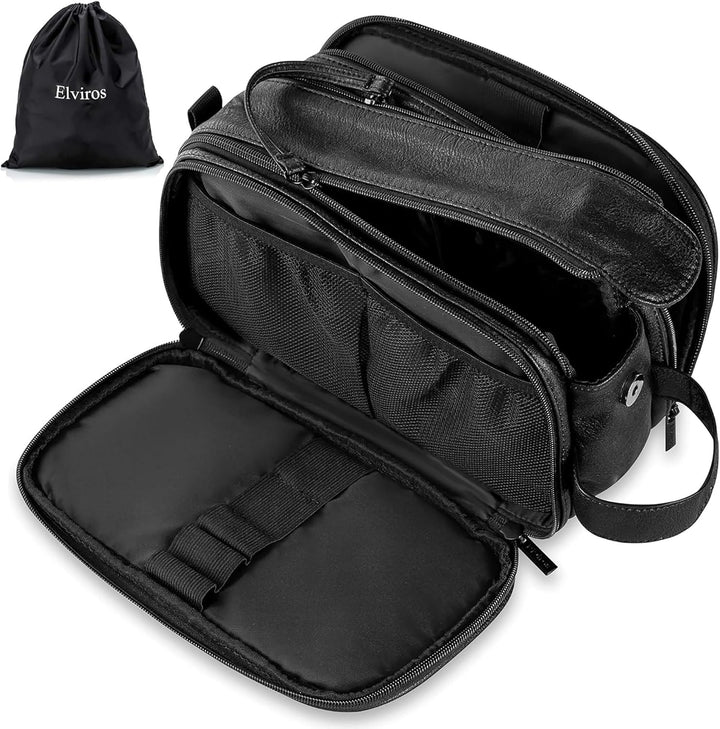 Elviros Kulturbeutel PU-Leder für Reise Herren, grosse wasserdichte Waschtasche Männer, Kulturtasche