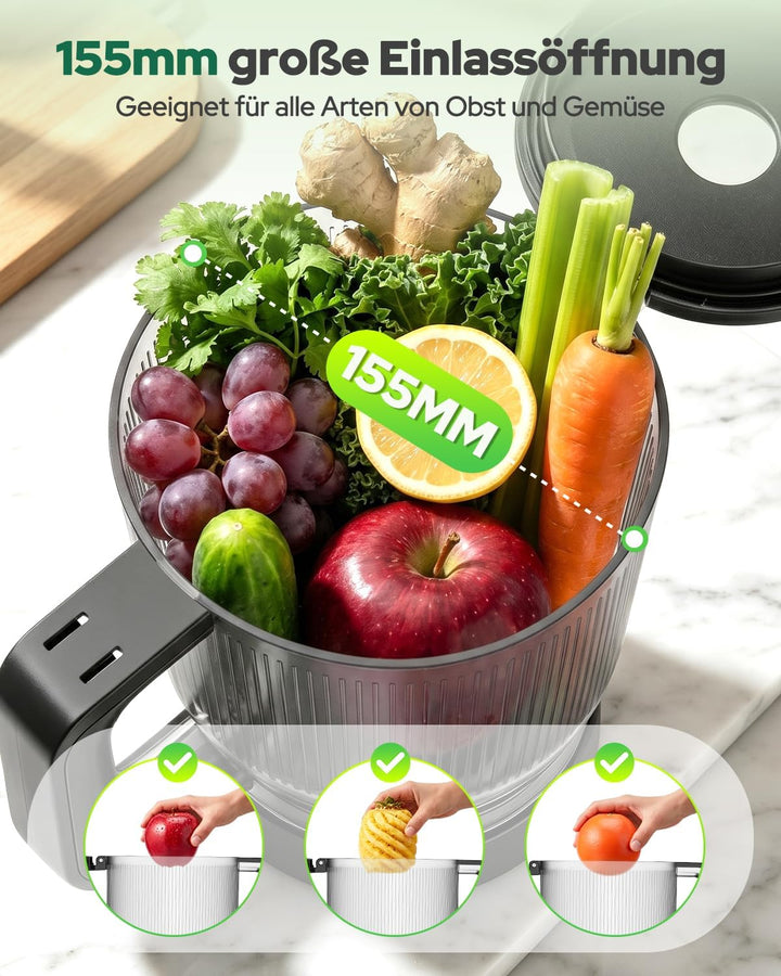 2026 Verbesserter Slow Juicer, Entsafter mit 155 MM Breitem Einfüllschacht und 2,5 L Einfülltrichter