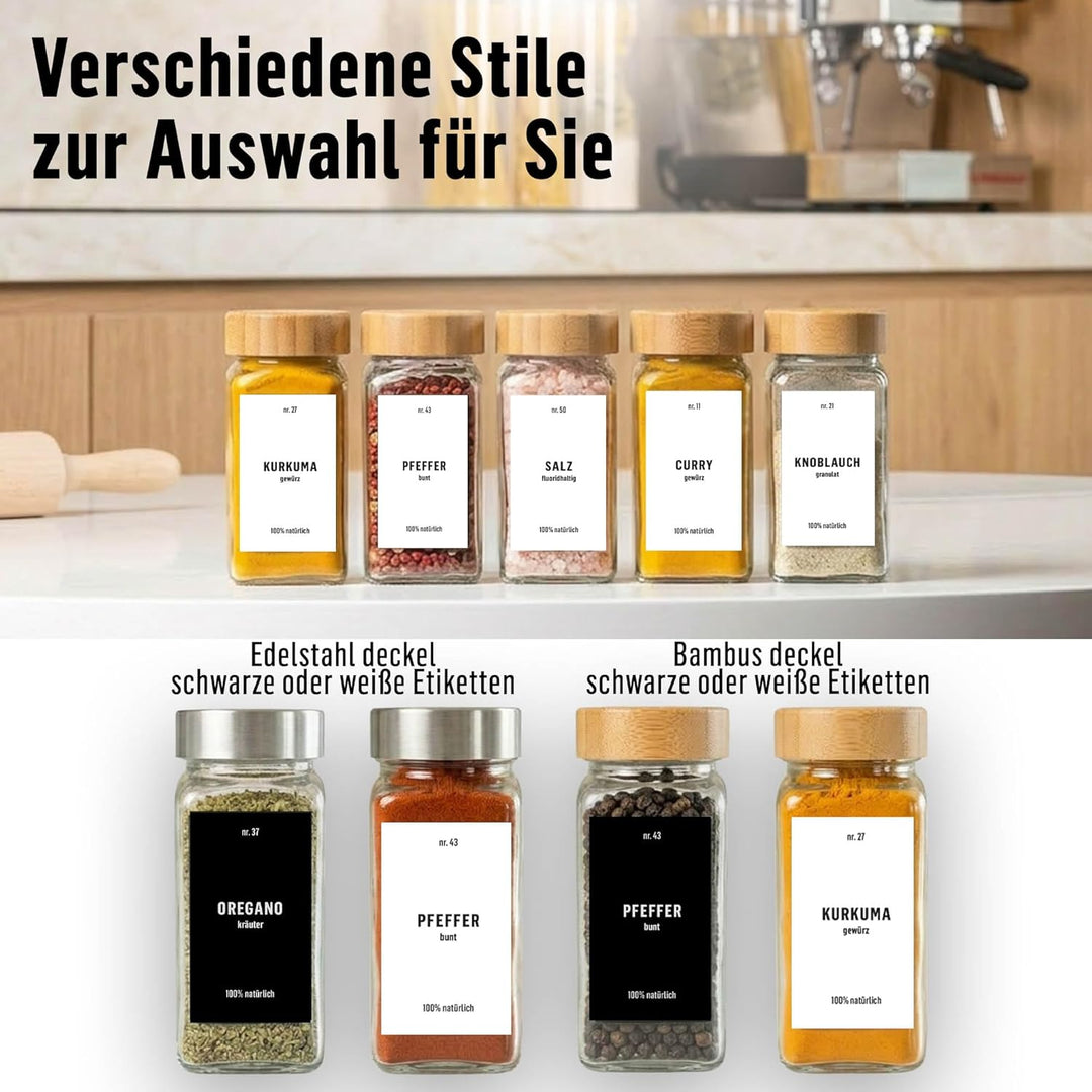 Deco haus® Gewürzgläser eckig luftdicht 12er Set [inkl. Etiketten & Streueinsatz] - Gewürzdosen Set