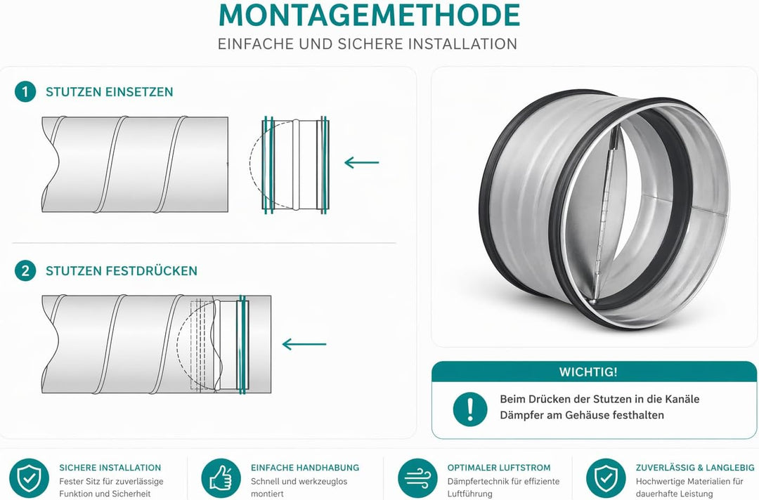 Easy Act Einschub Rückstauklappe Ø 200 mm mit Dichtung, Rückschlagklappe mit Federmechanismus, Alumi