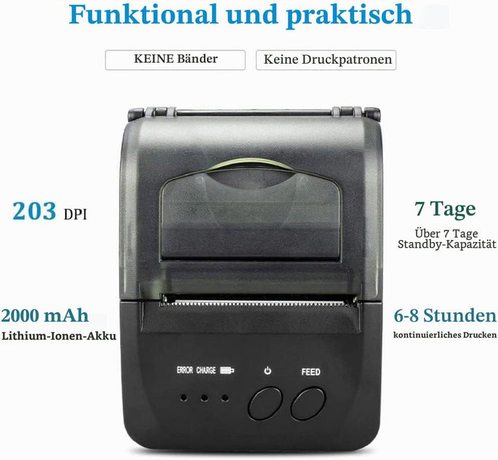 NETUM Kabelloser Bluetooth-Belegungs-Thermodrucker (DE), tragbarer persönlicher Rechnungsdrucker, 58