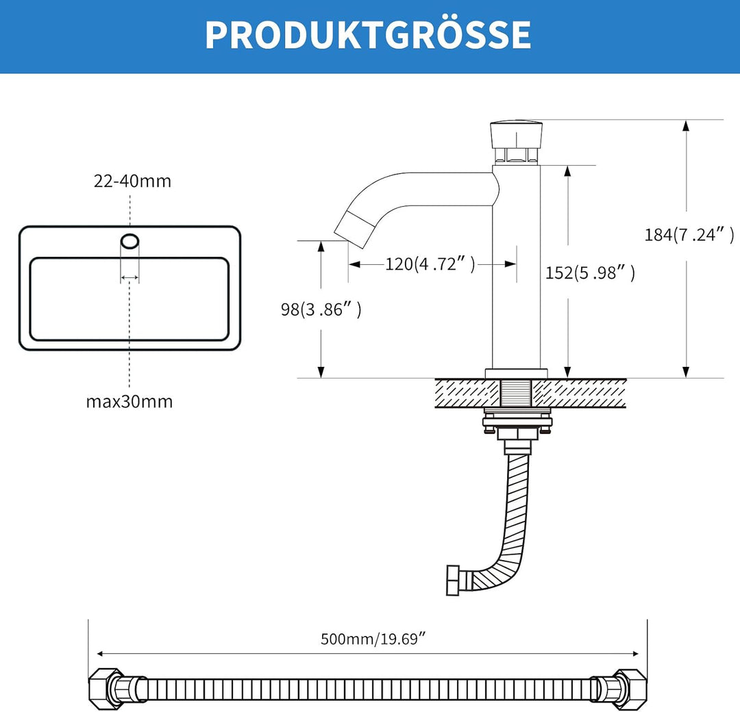 Zeitverzögerungsarmatur Kaltwasserhahn Gäste WC, Selbstschlussarmatur | Aus Edelstahl 304 mit Chromo