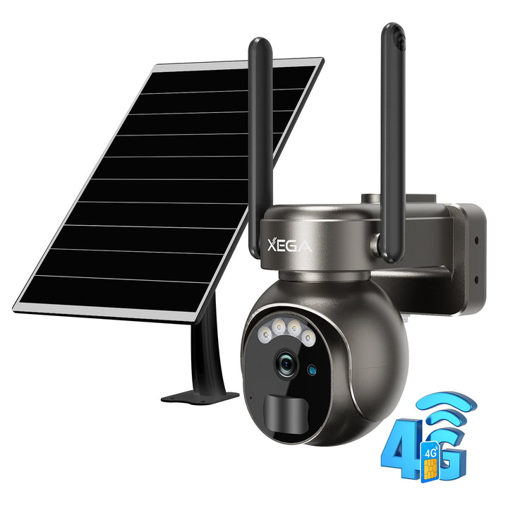 Xega 4G LTE Überwachungskamera Aussen Solar mit SIM Karte - 2K HD 3MP PTZ Kabellos Kamera Ohne WLAN