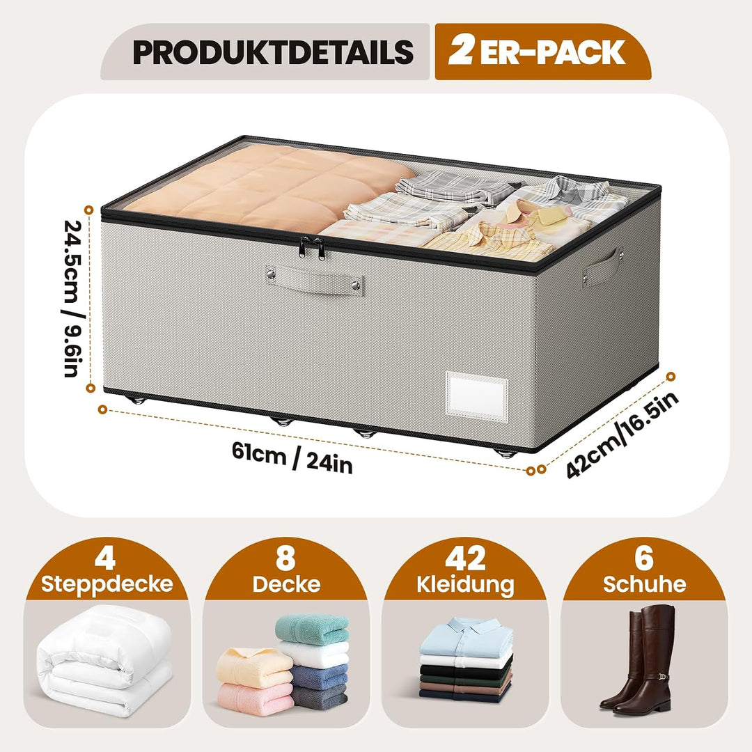 Mavivegue 2er Set Unterbettkommode mit 360° Rollen, Vliesstoff, Grau | 2 Aufbewahrungsboxen. Deckel