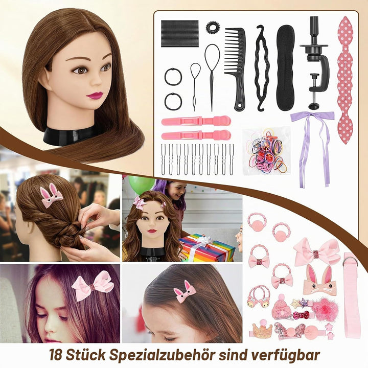 Trainingskopf 24 Zoll – 80% Echthaar Übungskopf für Friseur, Frisierkopf Echthaar,Styling Mannequin