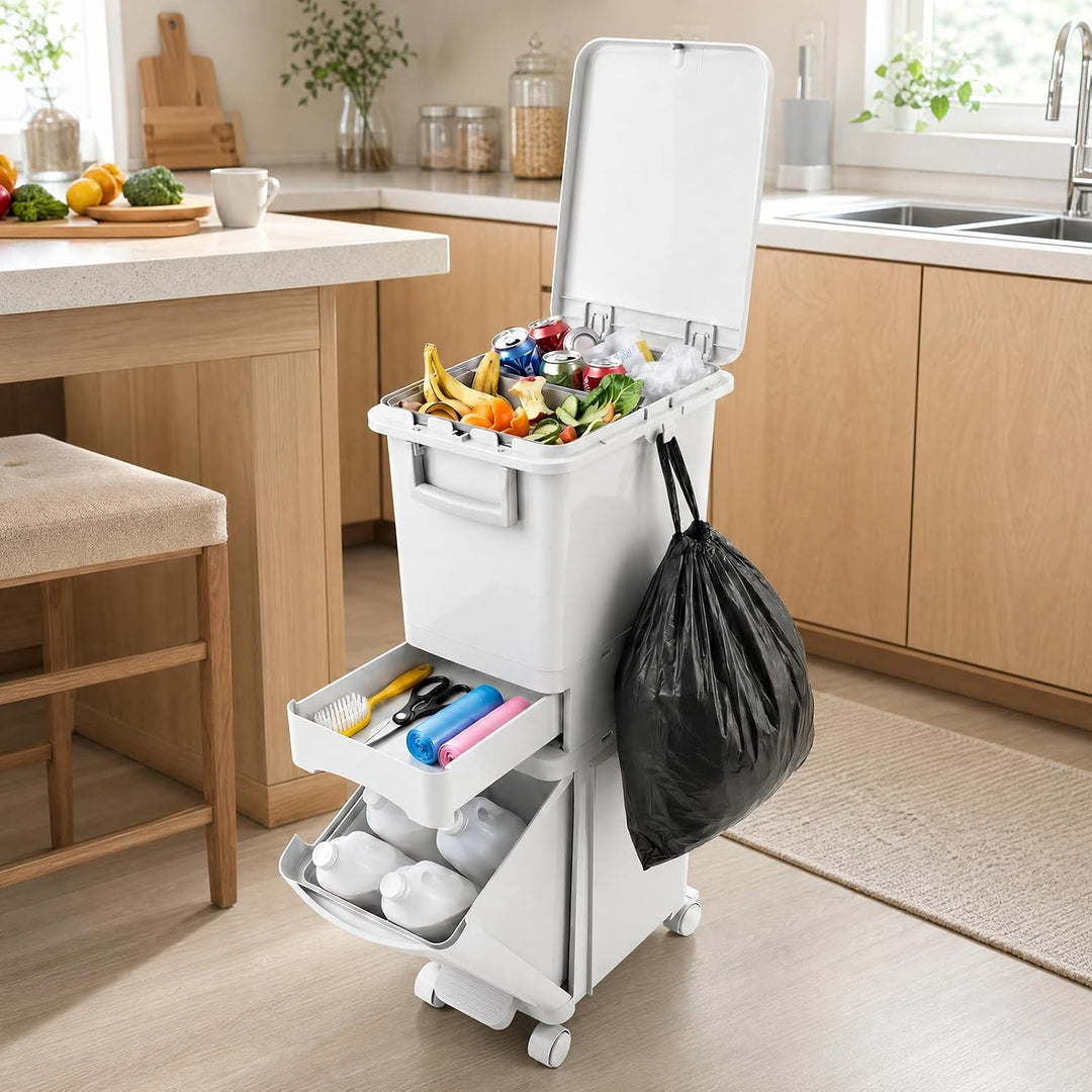 32 L Mülleimer Küche 3 Fächer, Abfalleimer mit Deckel & Pedal, Mülleimer auf Rädern, Mülltrennsystem