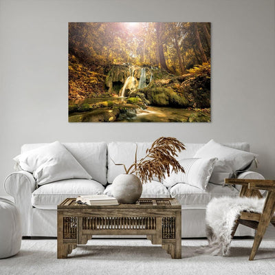 Bilder auf Leinwand 100x70cm Leinwandbild Wald Wasserfall Natur Umwelt Gross Wanddeko Bild Schlafzim