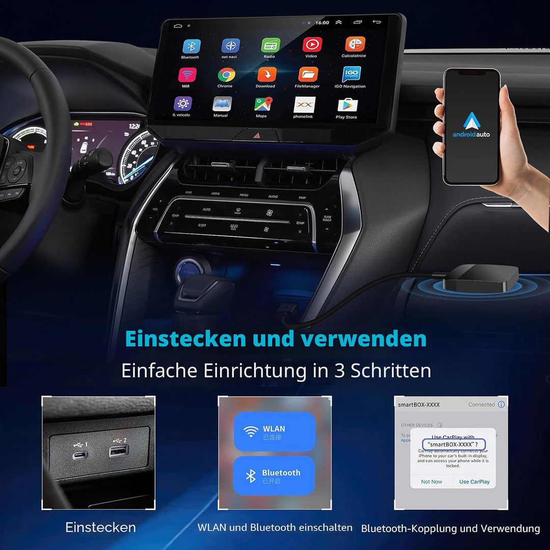 Wireless Android Auto Adapter mit integriertem Kabel, Android Auto Kabellos Adapter für Auto, Plug &amp;