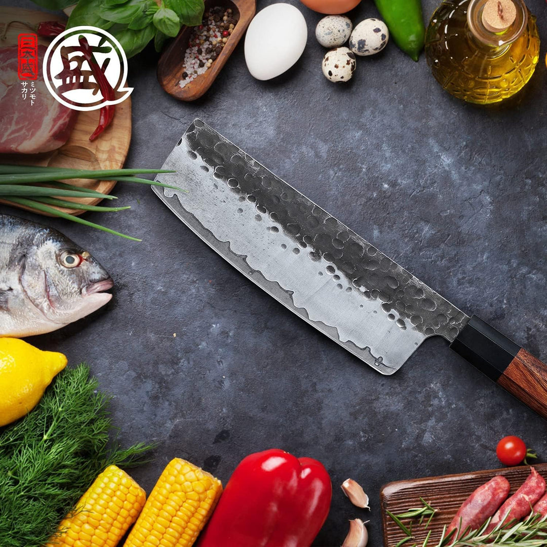 MITSUMOTO SAKARI 18 cm Handgeschmiedetes Küchenmesser Profi, Japanisches Nakiri Kochmesser, Hochkohl
