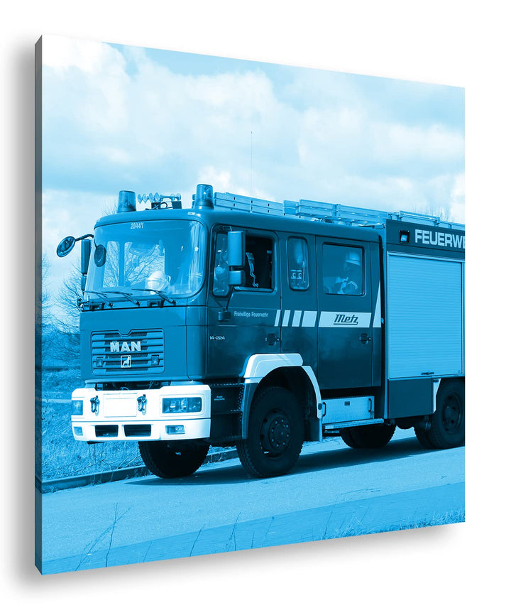 deyoli Rotes Feuerwehrauto Format: 70x70 Effekt: Monocrome Blau als Leinwandbild, Motiv fertig gerah