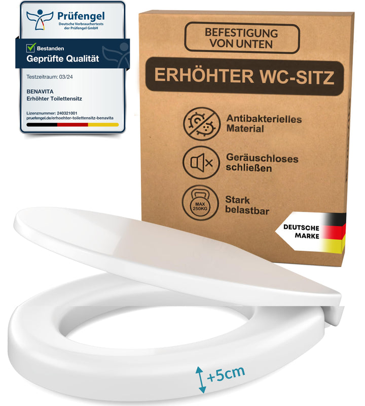 BenaVita WC Sitzerhöhung 5 cm aus Duroplast - Erhöhter Toilettensitz für bequemes Sitzen inkl. Absen