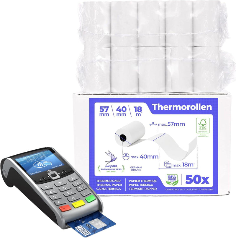 SWIPARO - Ec-Cash Thermorollen 57mm x 18m x 12mm - Kassenrollen -Thermopapier - Bonrollen für Bankom