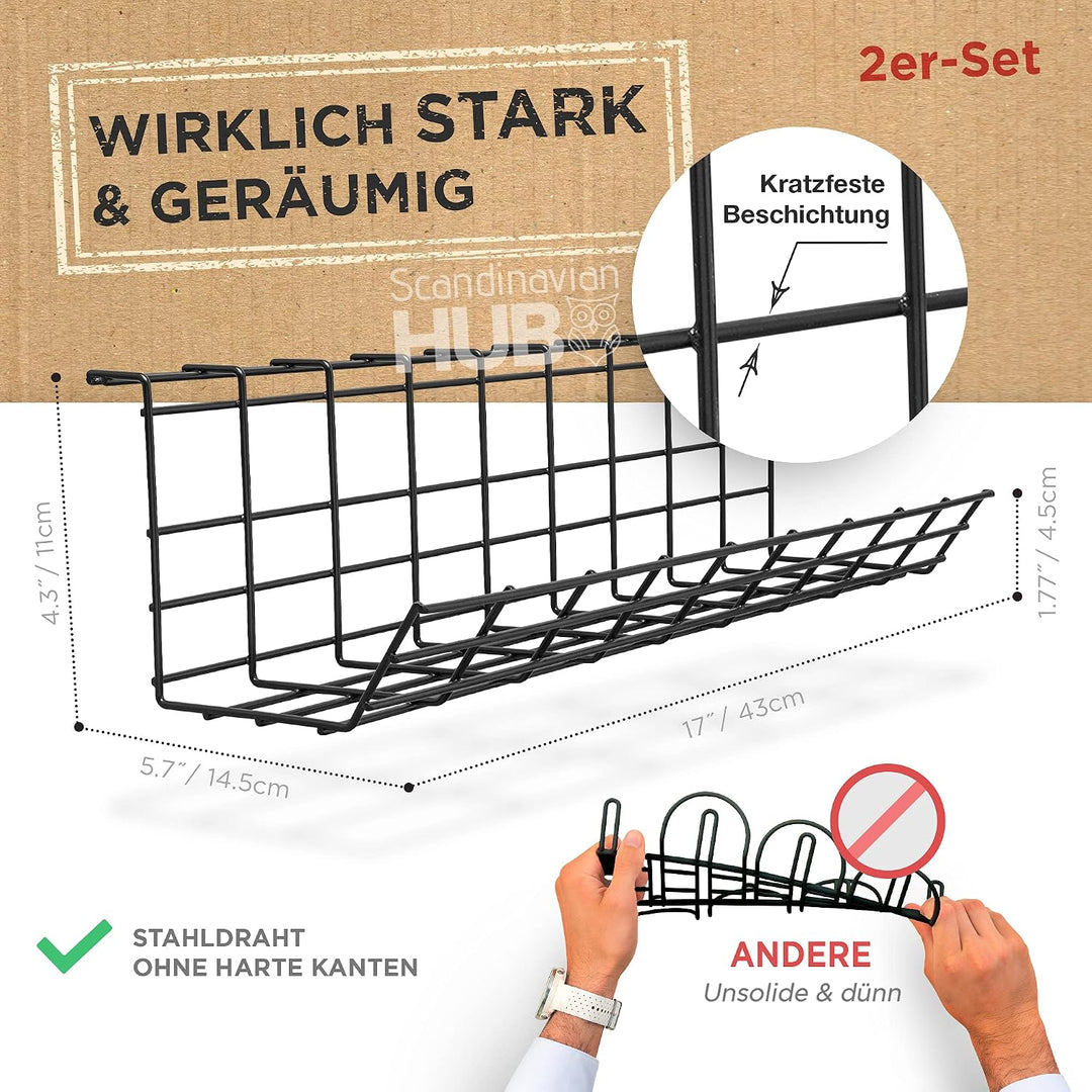 Scanfield Kabelmanagement Untertisch – Kabelwanne für Schreibtisch, Kabel Organizer, Kabelhalter &amp; K