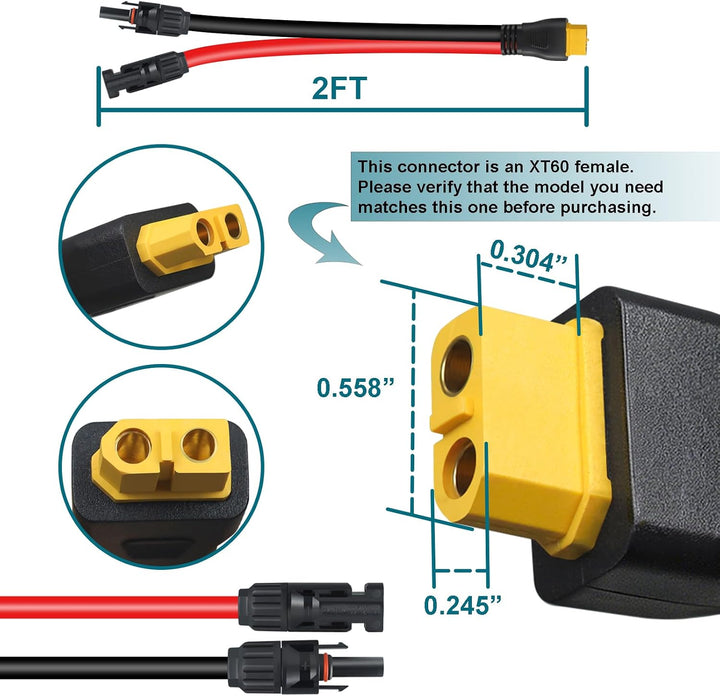 XT60-Stecker, MC4 auf XT60-Verlängerungskabel, 60 cm, XT60-Ladekabel, Solar auf XT60-Kabel, 10 AWG f