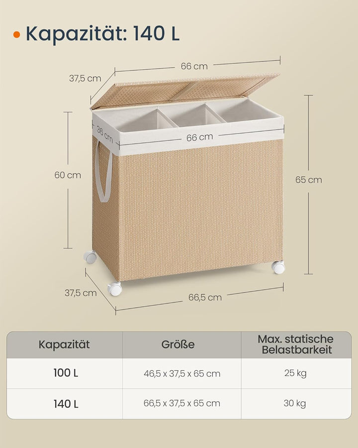 SONGMICS HOME Wäschekorb 3 Fächer, Wäschesammler 140 L, Wäschesortierer auf Rollen, mit Deckel, Wäsc