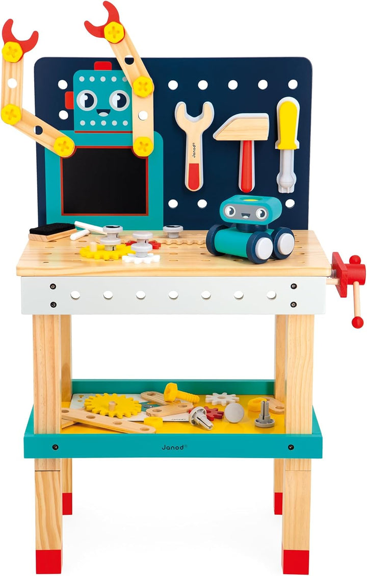 Janod - Brico'Kids Grosse Roboter-Werkbank - Bauspiel Kind - 51 Bauelemente + 3 Werkzeuge + 1 Robote