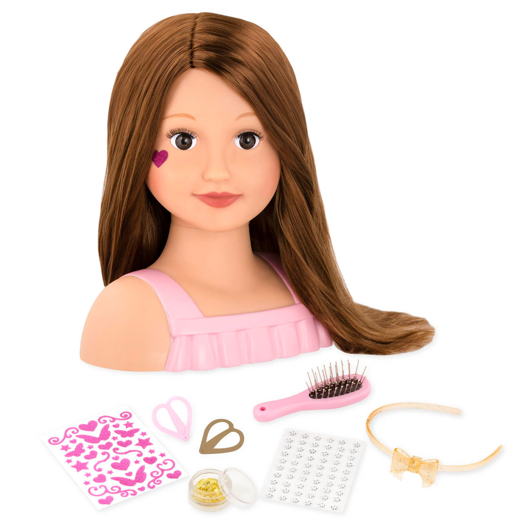 Our Generation - Talia - Puppe Styling Kopf - Brünettes Haar und braune Augen - Aufkleber & Haarschm