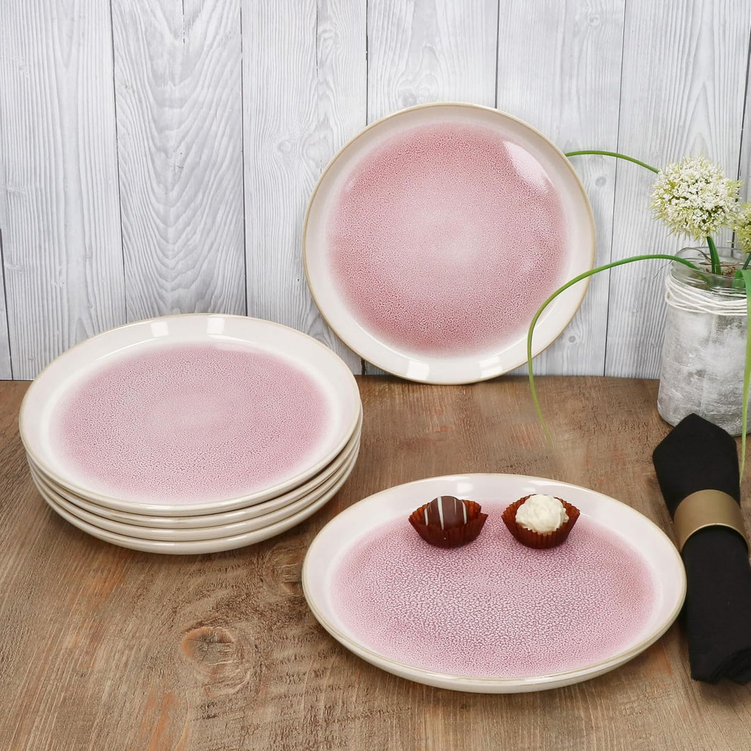 MamboCat 6er Set Reactive Glaze Paris Kuchenteller I Creme &amp; Pink I Steingut-Frühstücksteller für 6