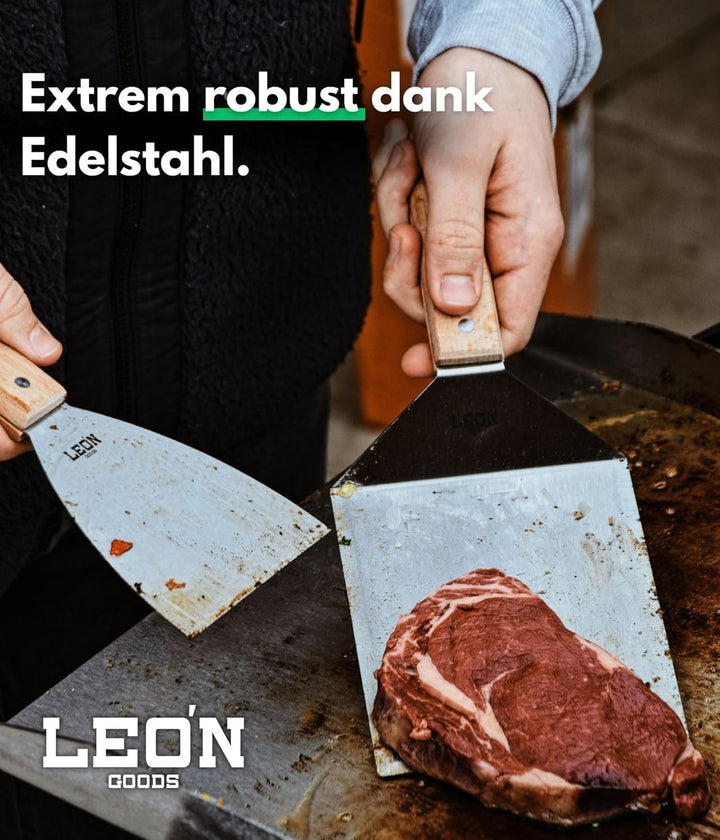 LEÓN Goods © NEU: Grillspachtel Set mit Holzgriff - Brandneu aus Buchenholz und Edelstahl. Robust, H