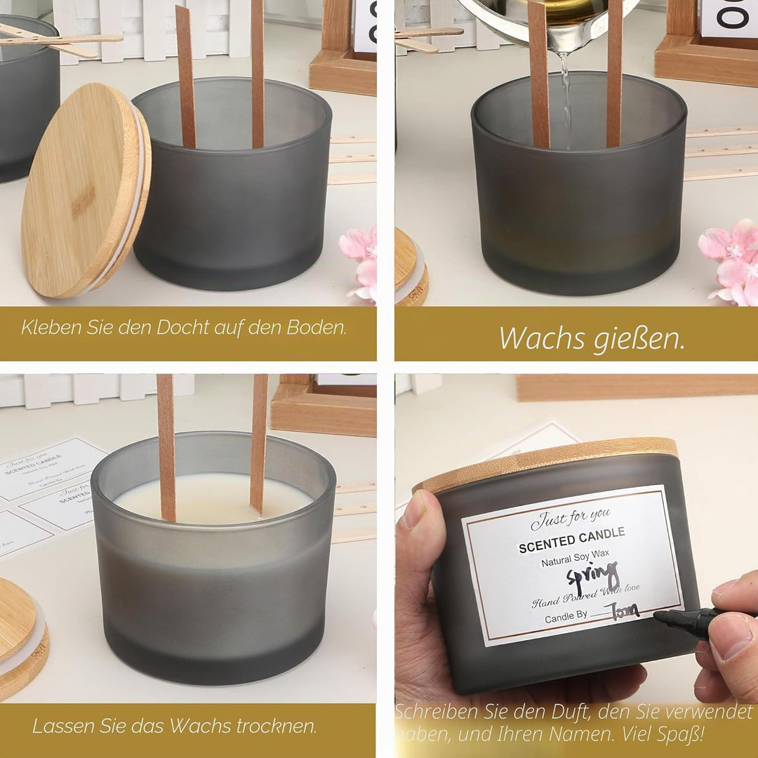 MILIVIXAY 6 x 473 ml Kerzengläser mit Bambusdeckel und Kerzenherstellungs-Kits – 3 Docht-Kerzengläse