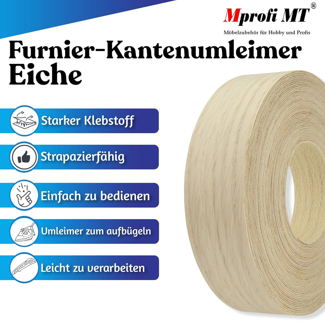 Mprofi MT® (10m Rolle) Kantenumleimer-Echtholz Furnier Umleimer mit Schmelzkleber-Bügelkante für Reg