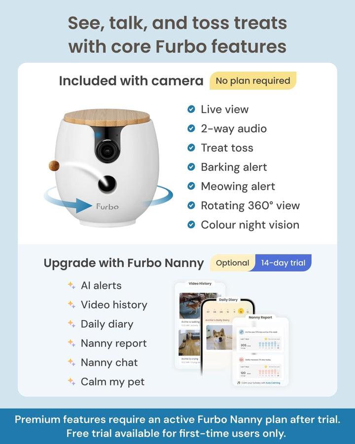 Furbo Mini 360º New Pet Camera: Home Security Camera w/Barking/Meowing Alerts, Rotating Pet Treat Di