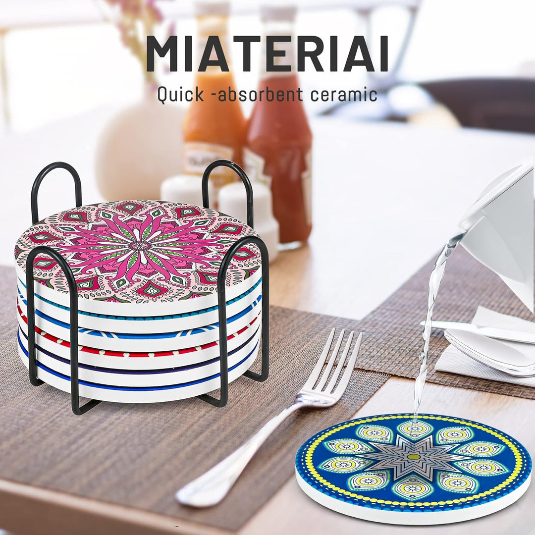 Untersetzer Gläser Keramik - 8er Set Mandala Untersetzer mit Halter & Korkboden Rund Glasuntersetzer