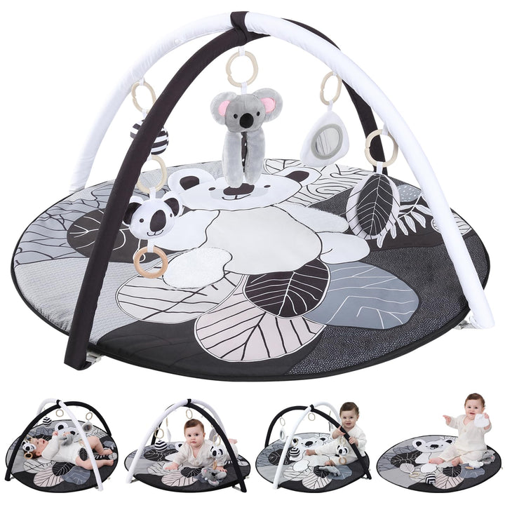 4 IN 1 Spielbogen Baby, Schwarz und weiss Spielmatte Babies mit 5 abnehmbaren Spielzeugen zum Greife