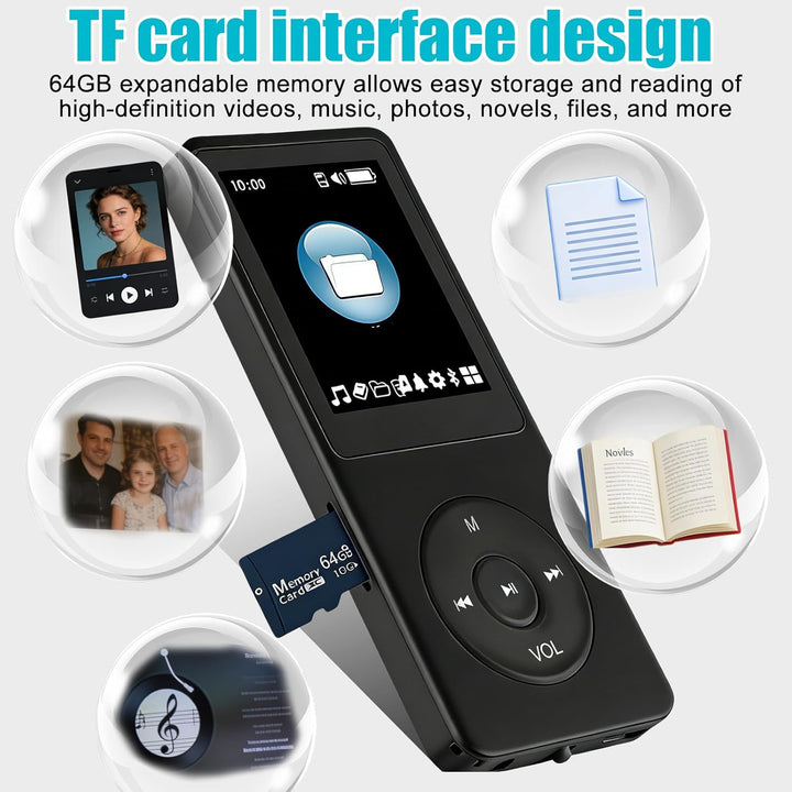 MP3 Player, 64GB MP3-Player Mit Bluetooth 5.0, 1.8" Screen Tragbare Musik Player FM-Radio, E-Book, A