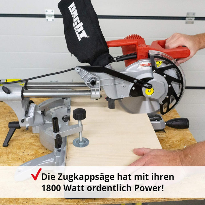Hecht Zug-Kapp-Gehrungssäge – starke 1800 Watt – mit HM-Sägeblatt – Hohe Schnitt-kapazität mit Winke