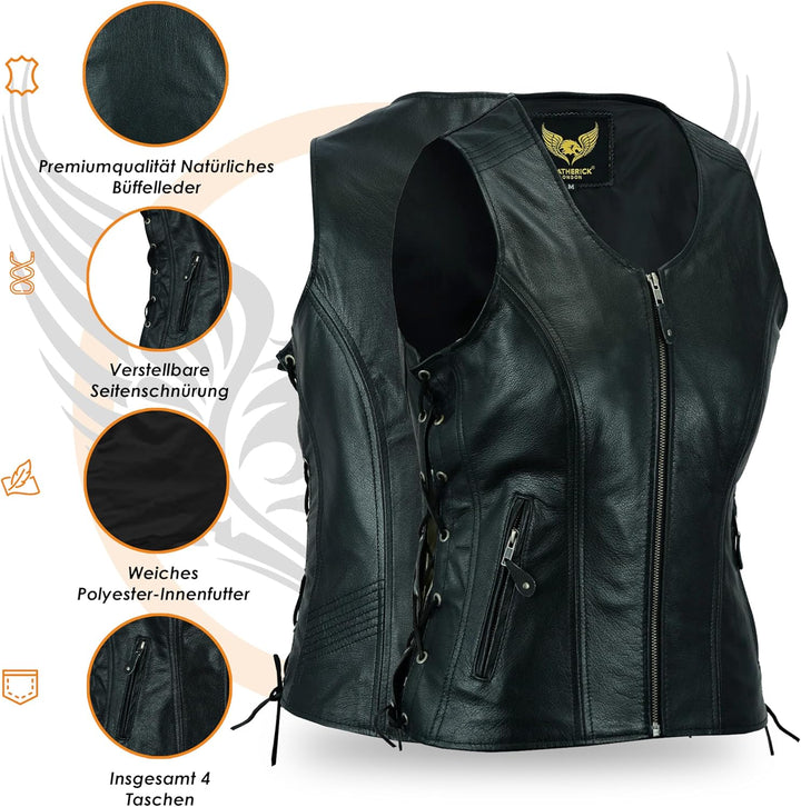 Leatherick Damen Lederweste der echte spitzenkorn-büffel Leder ärmellose jacke / weste schwarz M Sch