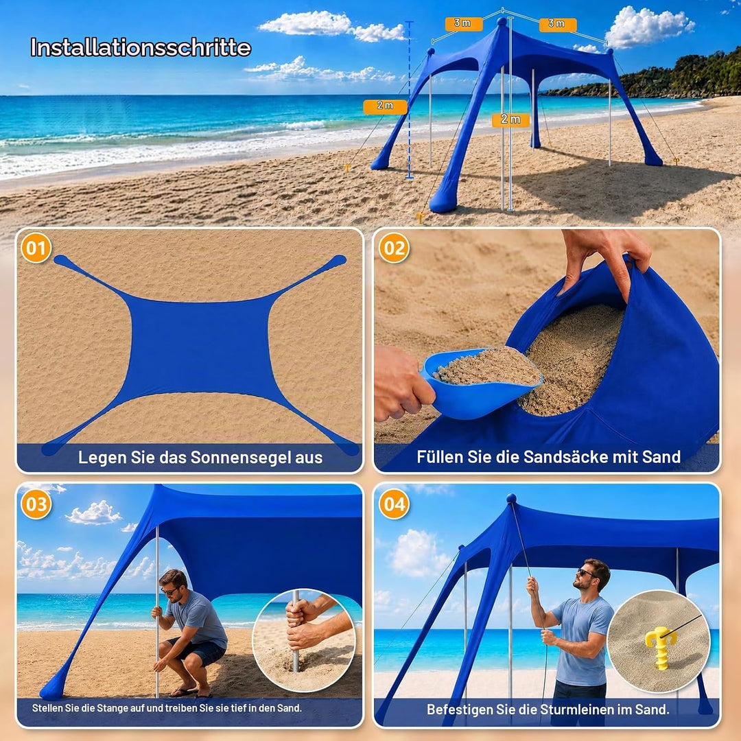Strandzelt mit Strandmatte, LSF 50+ Hochschutz, 3x3x2m, inkl. Sandanker, Alu-Stangen &amp; Tragetasche,