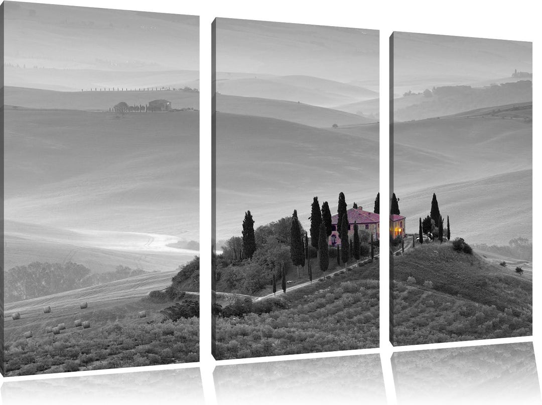 schöne Toskana Landschaft schwarz/weiss auf 3-Teiler Leinwandbild 120x80 Bild auf Leinwand, XXL ries