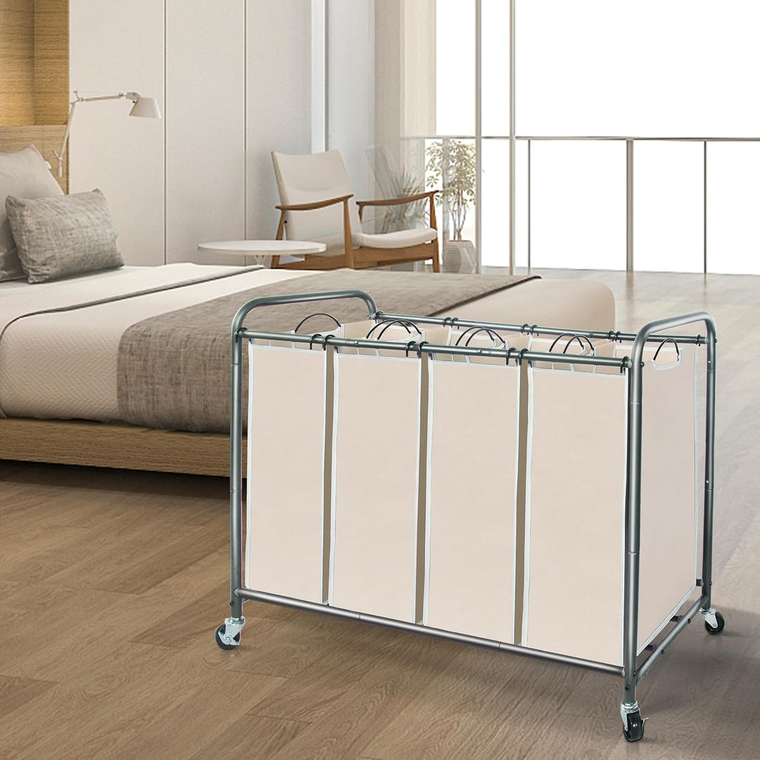 STORAGE MANIAC Wäschesortierer mit 4 Abschnitten und herausnehmbaren Beuteln, Beige, umweltfreundlic