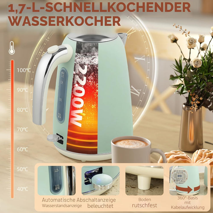 HOMCOM Edelstahl Wasserkocher und Toaster Set 2200 W und 1,7 L, 2-Scheiben-Toaster, 7 Bräunungsstufe