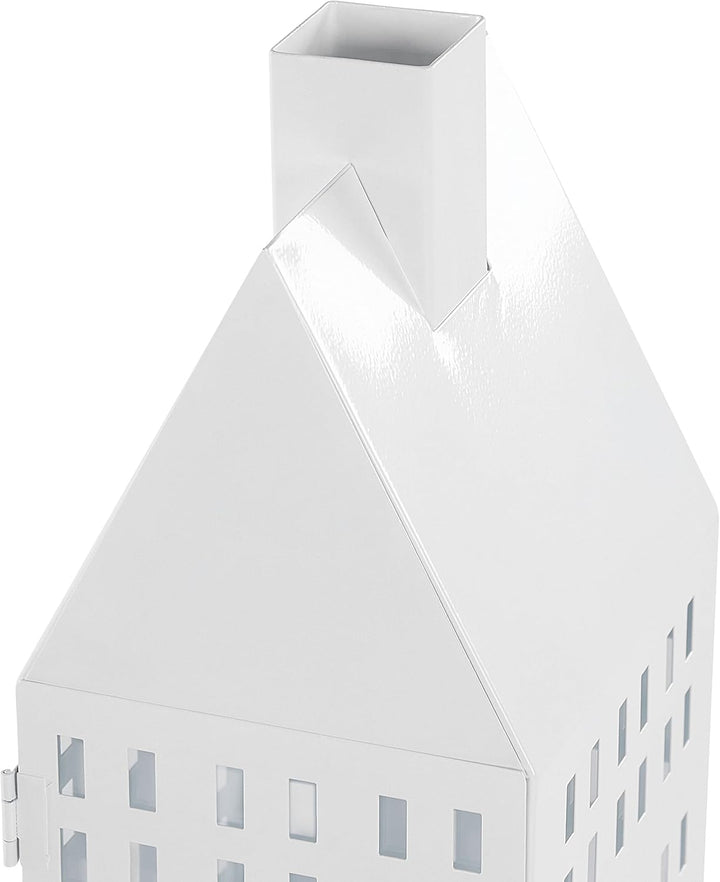 Laterne weiss Metall mit Glaseinsatz Hausmotiv fensterförmige Löcher 40 cm Dolok