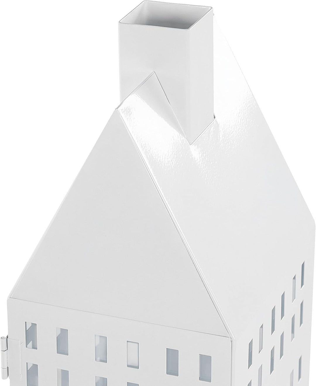 Laterne weiss Metall mit Glaseinsatz Hausmotiv fensterförmige Löcher 40 cm Dolok