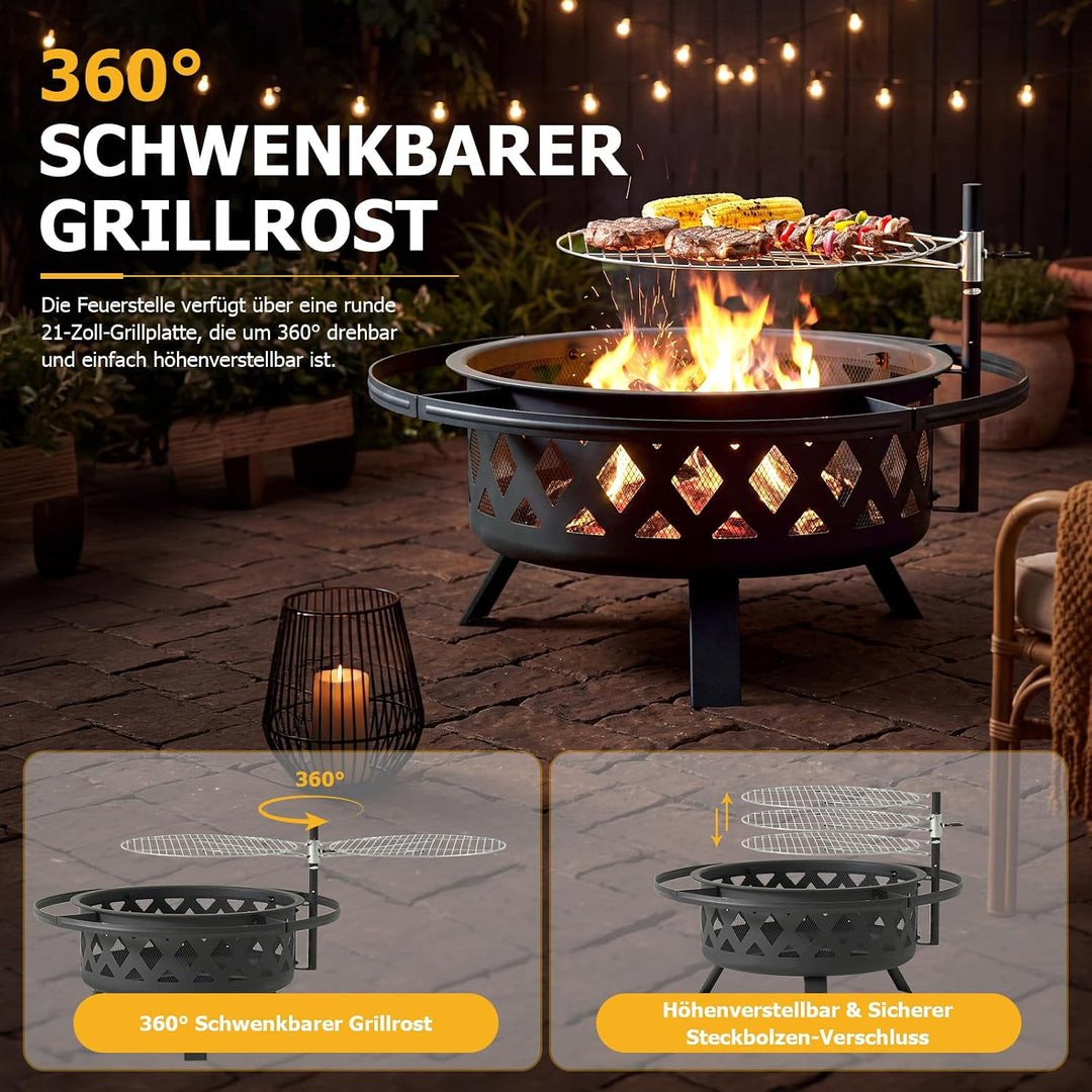 Aoxun Feuerschale mit Grill, 2-in-1 Feuerstelle Garten mit Funkenschutz und 360° Schwenkgrill, Outdo