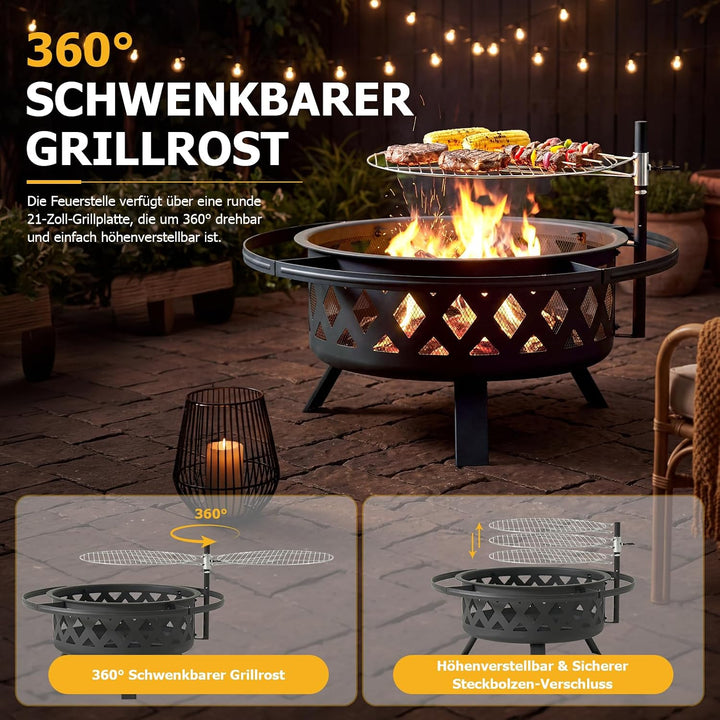 Aoxun Feuerschale mit Grill, 2-in-1 Feuerstelle Garten mit Funkenschutz und 360° Schwenkgrill, Outdo