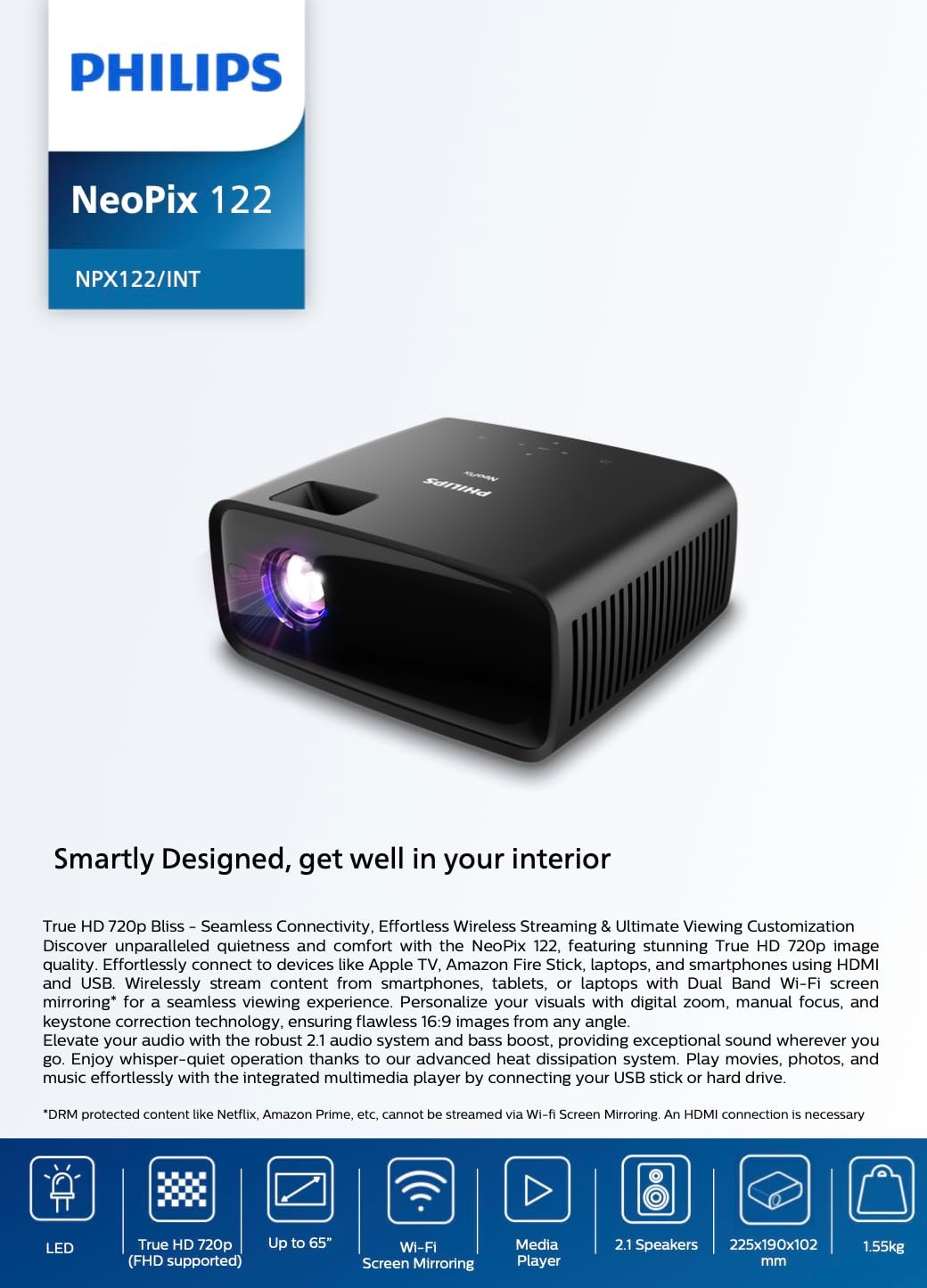 Philips NeoPix 122 Mini Beamer: True HD 720p, WiFi Dual Band Screen Mirroring, Integriertes Audio 2.