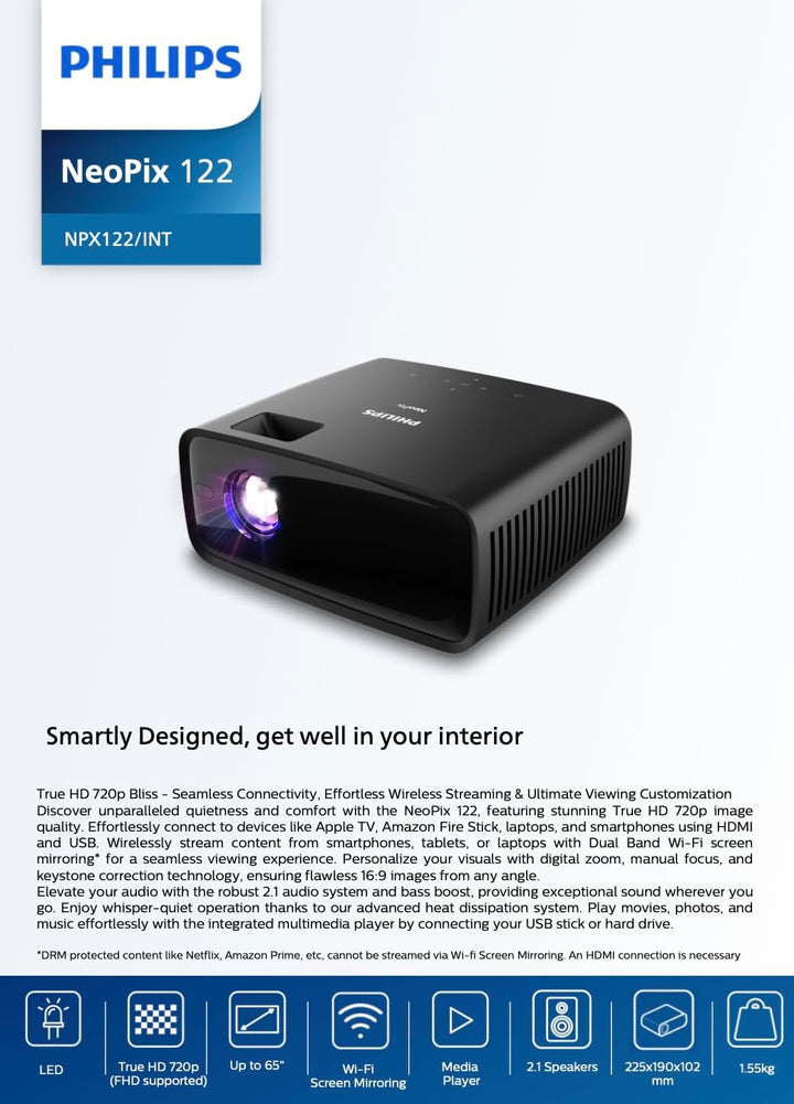 Philips NeoPix 122 Mini Beamer: True HD 720p, WiFi Dual Band Screen Mirroring, Integriertes Audio 2.