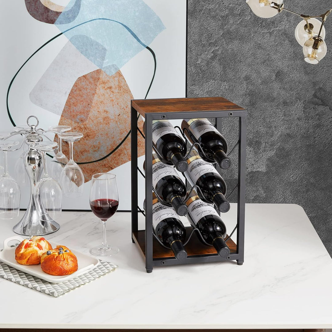 IBUYKE Rustikales Weinregal aus Holz, 3 Etagen, für 6 Flaschen, freistehend, Weinflaschenhalter, Stä