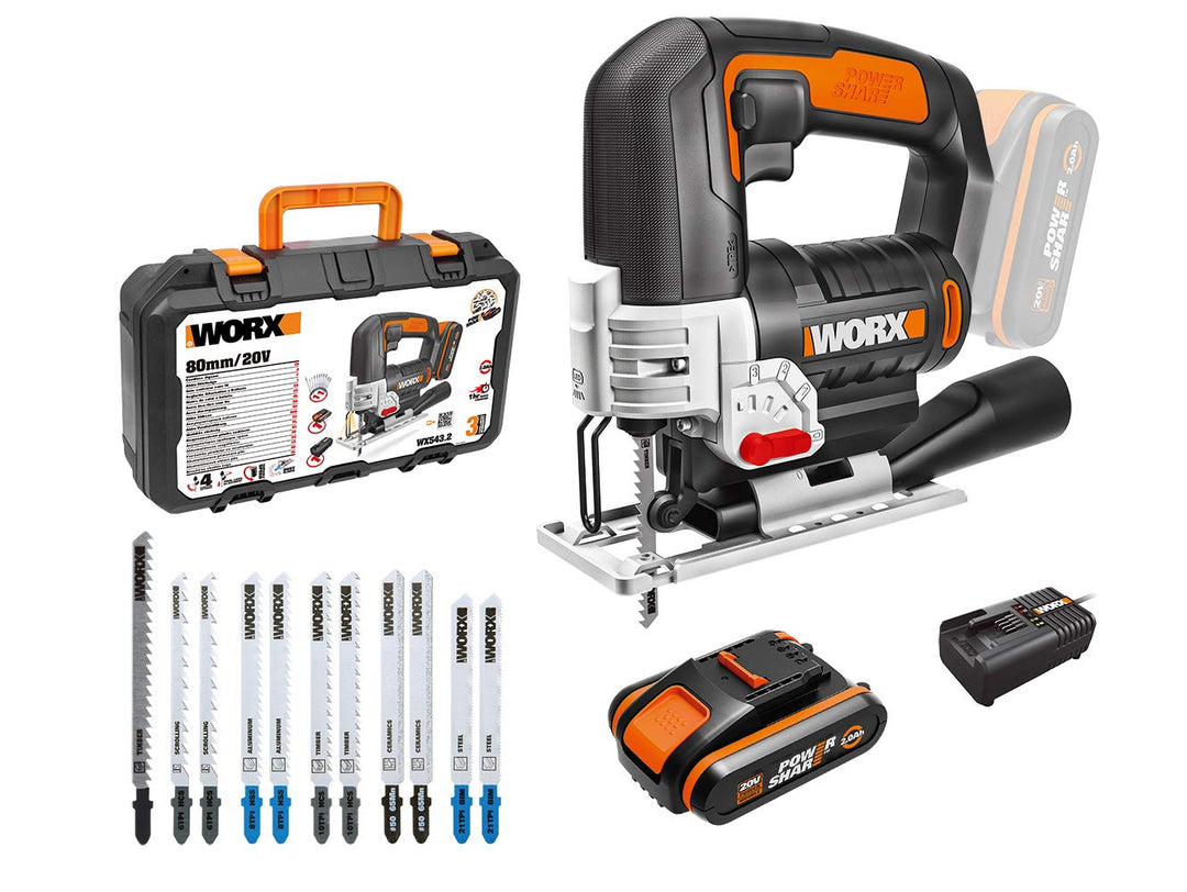 WORX 18V(20V MAX) Akku Stichsäge WX543.2, PowerShare, 2,0Ah, 45°Schnittwinkel, 4-Wege Pendelsystem,