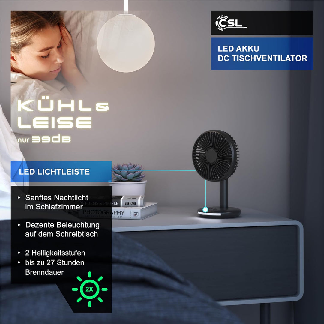 CSL - Akku Tischventilator kabellos - mit Akku – USB Mini Ventilator – DC Motor Brushless silent seh